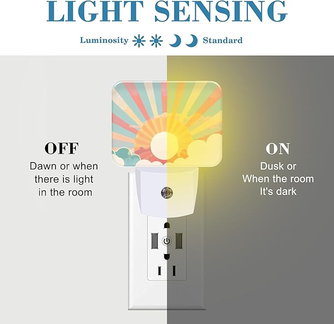 Boho Pastel Sun Night Light Retro Sunrise Nightlight Plug into Wall with Dusk to Dawn Sensor for Kid Girls Boys Women Men Room, Hallway, Kitchen, Bathroom, Stairs Decor