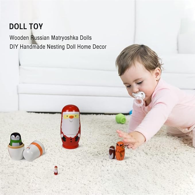 Tphon Cute Nesting Dolls Matryoshka Doll Russian Handmade Wooden Dolls Cartoon Pattern Nesting Doll Toy Stacking Doll Set for Kids Birthday