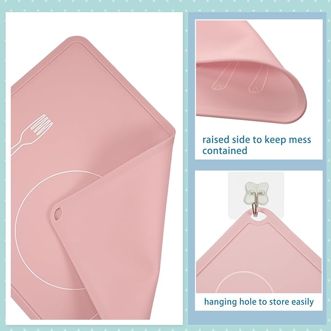 Zhehao 4 Pcs Montessori Kids Placemat 16 x 12'' Non Slip Baby Silicone Placemats for Toddlers Baby Eating Mat Food Mats for Toddler Dining Table Setting Learning Travel Kitchen(Neutral Colors)