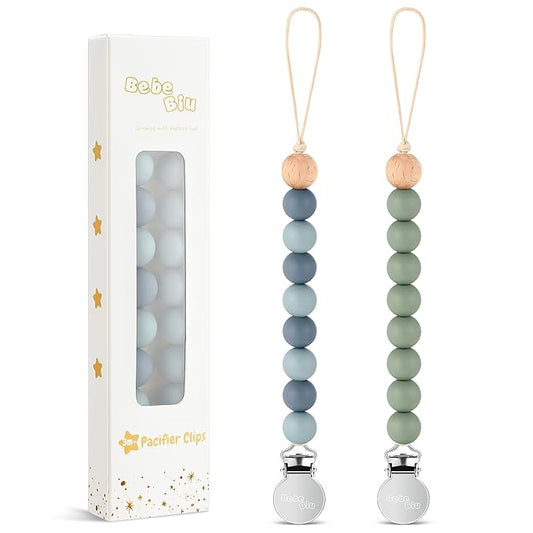2 Pack Pacifier Clips, Silicone Pacifier Clip for Baby Boys and Girls, Baby Pacifier Strap with Silicone Beads, Soother Dummy Holder, Pacifier Holder, Keeps Pacifier Clean (Beau/Sage)