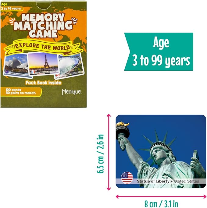 Menique Explore The World Memory Matching Game – 100 Cards (50 Pairs) with Famous Landmarks from 50 Countries – Includes Flag, Country & Place – Educational Geography Game + Informative Booklet