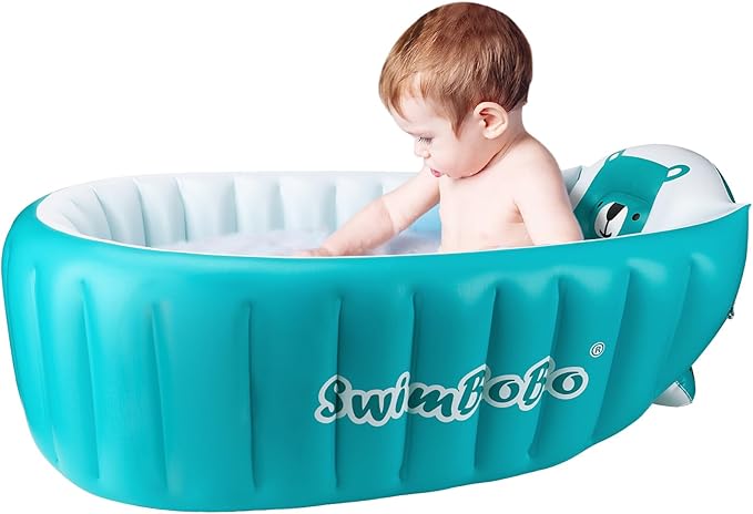 Swimbobo Inflatable Baby Bath Tub Portable Foldable Travel Mini Swimming Pool Helps Infants to Toddler Tub (Blue)