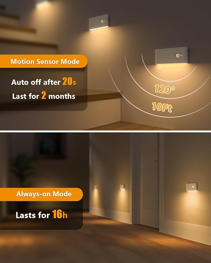 WILLED Motion Sensor Night Light, Rechargeable Stair Lights Indoor, Warm White Motion Sensor Light Indoor, Battery Operated Night Light for Hallway, Stairway, Bathroom, Bedroom, Kitchen, 3 Pack