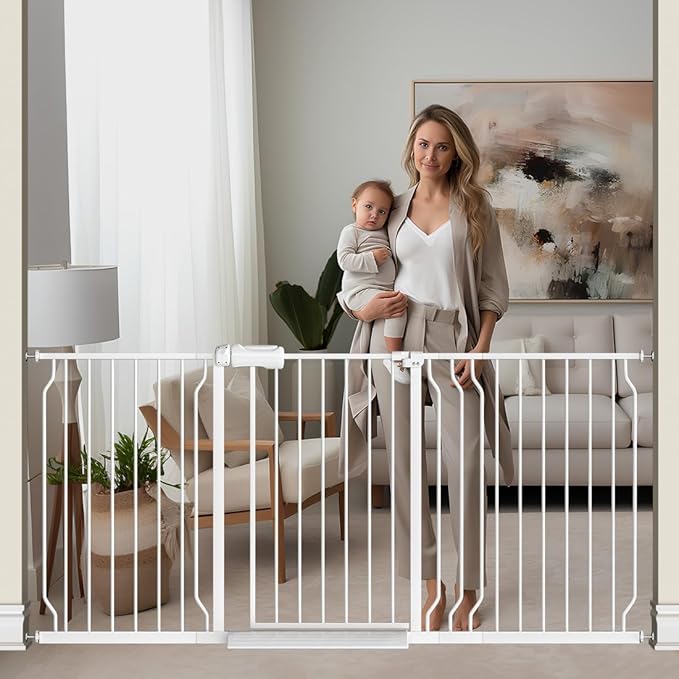 TSAYAWA Extra Wide Walk Through Baby Gate with Door,67-71.5 Inch Wide Presure Mounted No Drill Metal Auto Close Child Gate for Stair Doorway - Indoor Outdoor Safty Gate for Toddler Dog Doggie, White