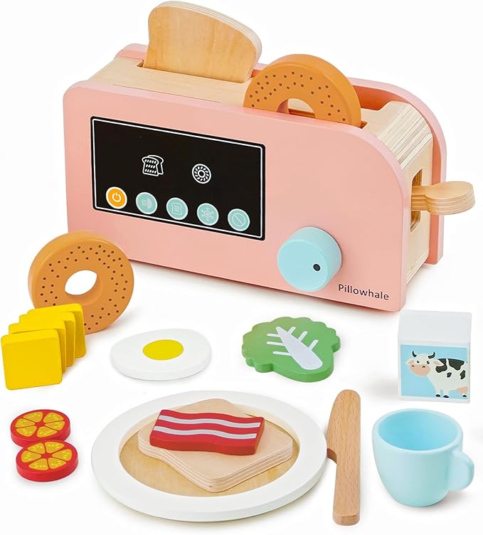 Bagel & Toast Pop-Up Toaster – 18-Piece Wooden Breakfast Playset, Montessori Kitchen Toy Includes Bagels, Bread, Bacon, Veggies & Milk for Kids Ages 3+