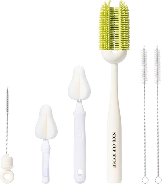 5-in-1 Baby Bottle Brush Kit, Silicone Bottle Brush for Baby Bottle and Breast Pumps, Sponge Nipple Brush with Replaceable Brush Head, Straw Brushes, Green