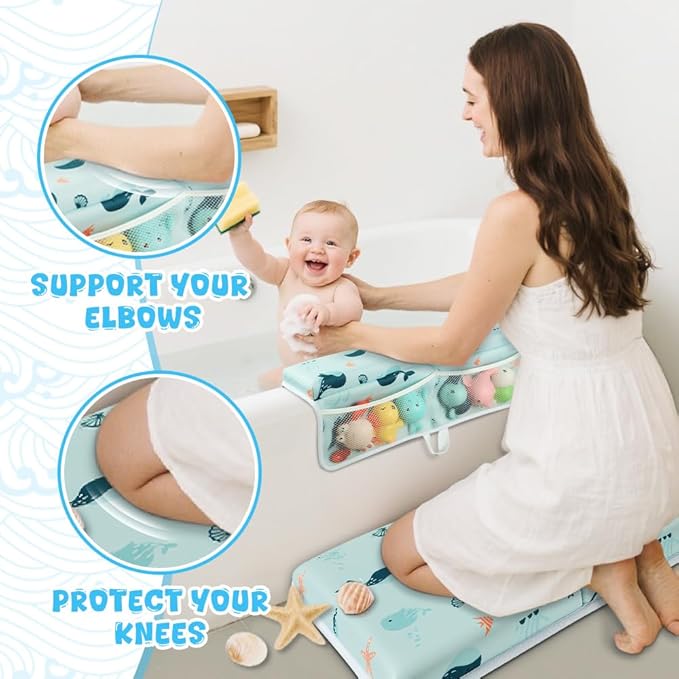 SKEFOLI Baby Bath Kneeler and Elbow Rest Pad Set,1.5" Thick Baby Bath Kneeler Pads with Toys Organizer, Pads to Support The Arm, Essentials, Ideal Kneeling Pad for Bathing