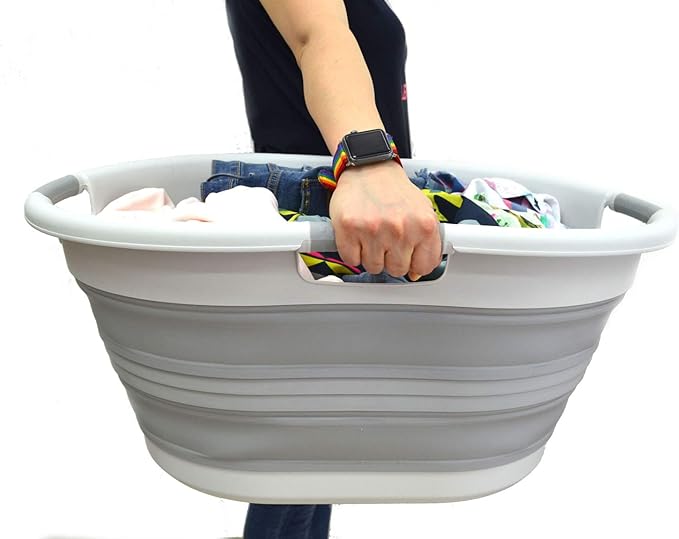 SAMMART 57L (15 Gallons) Collapsible 3-Handled Plastic Laundry Basket - Oval Tub - Portable Washing Tub-Space Saving Laundry Hamper, Water Capacity 44L / 11.6 Gallon (1, Grey)