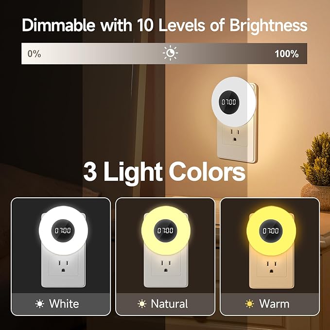 Kids Night Light Plug in with Clock, Dimmable+3 Light Colors+Remote Nightlight+Timing Light, 90 Lumen Toilet Lights Timer, Plug in Night Lights for Wall Socket, Night Lights Plug into Wall Kids