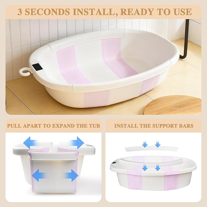 Baby Bathtub, Baby Bath Tub with Thermometer & Soft Cushion, Collapsible Infant Bathtub for Newborn to Toddler 0-36 Months, Quick Use & Portable for Travel(Pink)