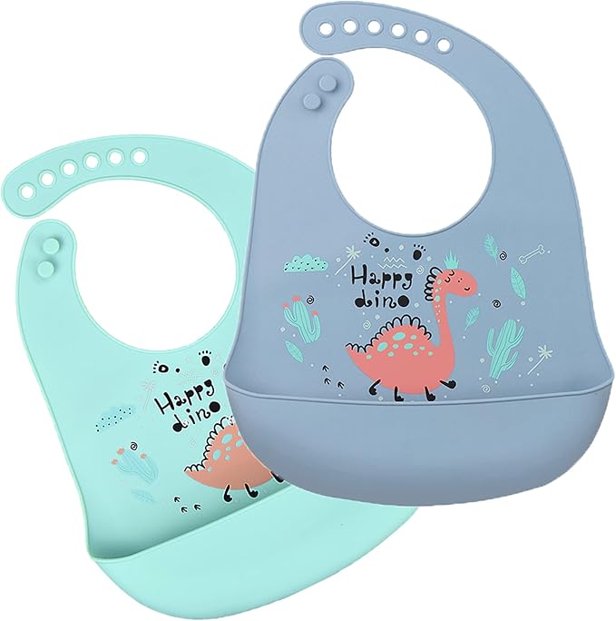 Silicone Bibs for Babies and Toddlers 2 Sets Feeding Bibs for Boy and Girl, Adjustable Soft Waterproof Bibs
