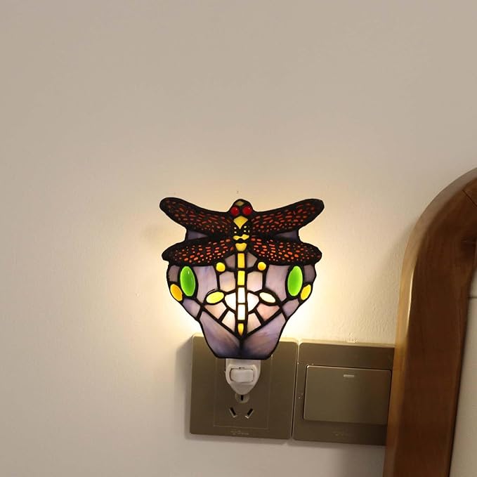 Bieye L10931 Tiffany Style Stained Glass Dragonfly Wall Lamp with Plug-in Night Light Socket for Home Decor (Blue)