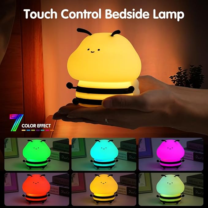 Bee Night Light for Kids,Cute Squishy Silicone Nursery Night Lamp Kawaii Animal Bedside Nightlight with 7 Colors 3 Levels Dimmable Tap Control Rechargeable Nightlights for Kids, Room Decor