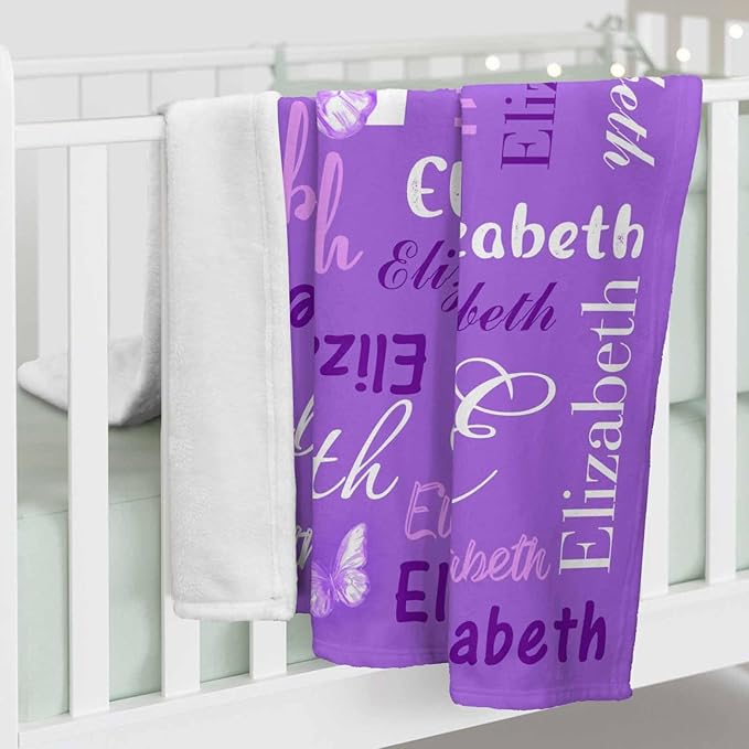 Personalized Toddler Blanket with Name for Girls Boys, Custom Baby Name Blanket Purple Butterfly Pattern, Soft Nursery Blanket for Baby Shower, Easter, Christmas, Birthday Newborn & Toddler Gifts