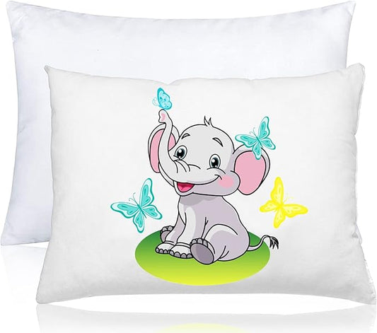kinder Fluff Child Pillow with Pillowcase- 300T Cotton Shell & Down Alternative Fill - Ideal for Travel, Bedding Set & Floor Cushions (13x18in - White Pillow with Pillowcase Elephant Design)