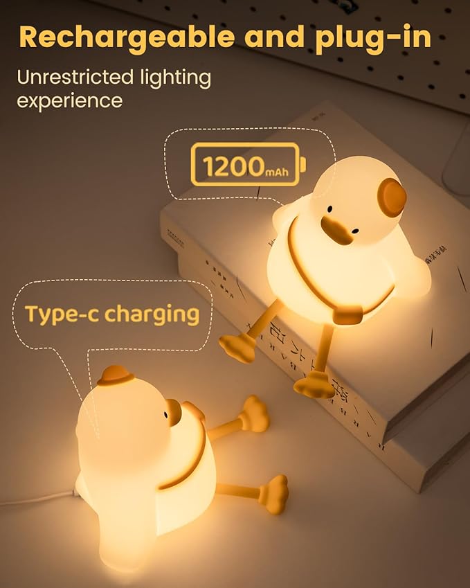 Kids Night Light Duck Design, Silicone Tap Control Bedside Lamp with Time Auto-Off, Cute Portable LED Nursery Light for Baby, Toddler, Bedroom