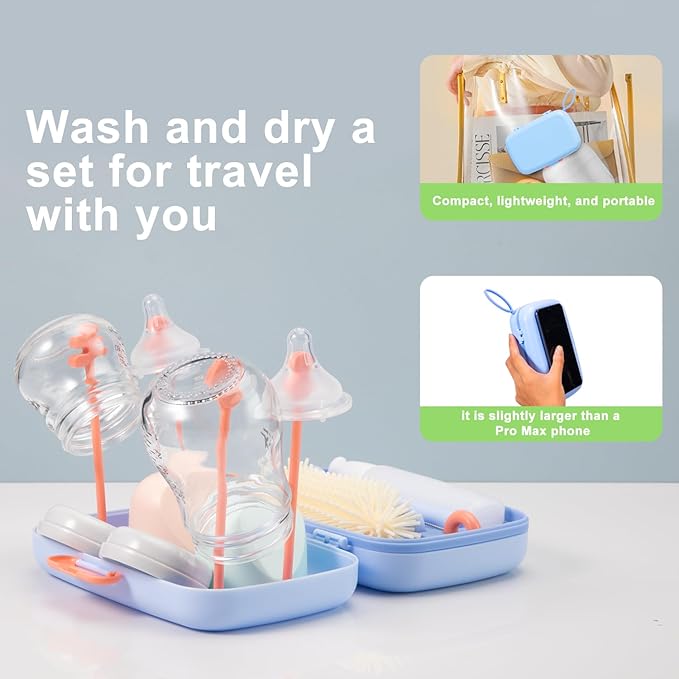 7in1 Travel Bottle Cleaner kit with Baby Bottle Brush and Bottle Drying Rack,Swift Cleaning, Easy Portability(Blue)