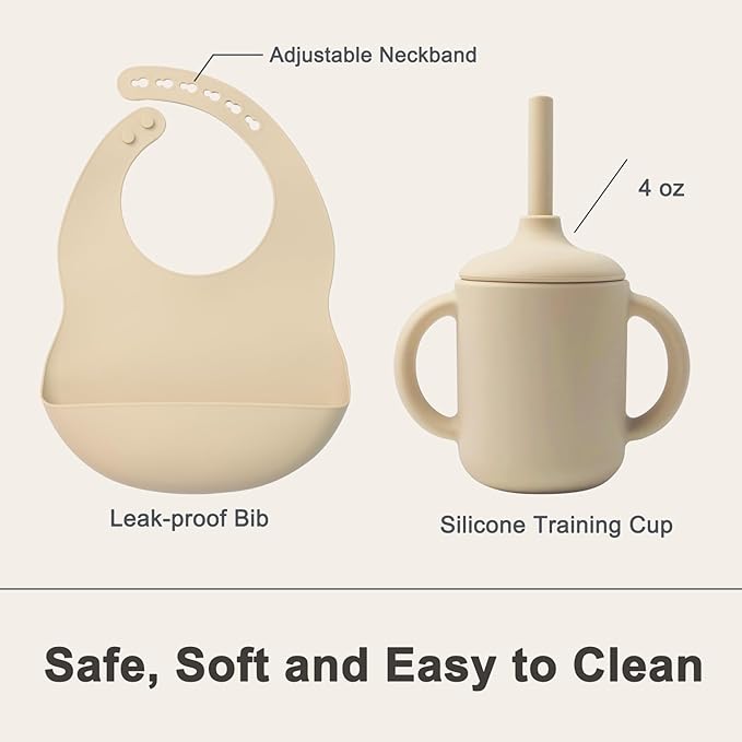 LITTLE RAWR Silicone Baby Feeding Set 14 Pcs,Baby Led Weaning Supplies, Baby Spoons Suction Bowl Divided Plate Bib Cup Finger Brush,First Stage Solid Food Eating Utensils - 6+ Months(Beige)