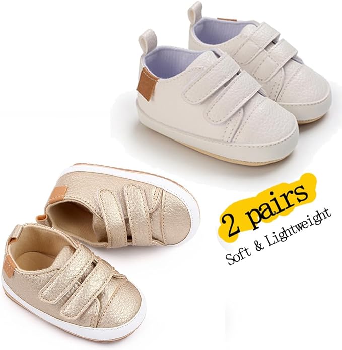 2Pairs Baby Shoes,Boys Girls Non-Slip Rubber Sole Sneakers,Unisex Infant Soft Lightweight First Walking Crib Shoes