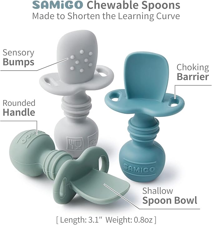 SAMiGO Silicone Baby Utensils - Self Feeding Spoons and Tiny Training Cup - First Stage Baby Led Weaning Supplies for 6 Months+ Infants - Set of 3