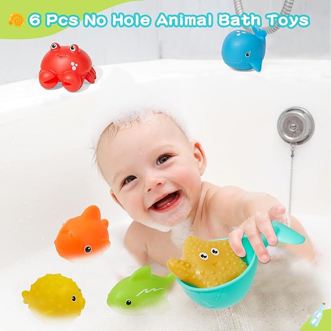 Toddler Bath Toys for Babies, 26 Pcs Mold Free Bathtub Toys with Fishing Rod Floating Boats Spoons Bucket No Hole Sea Animals and Storage Bag, Water Table Pool Toys for Toddlers and Kids