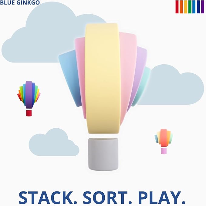BLUE GINKGO Silicone Rainbow Stacker - Montessori Nesting Puzzle | Kids and Toddler | Stacking Sensory Toys - 7 Layers (Pastel)
