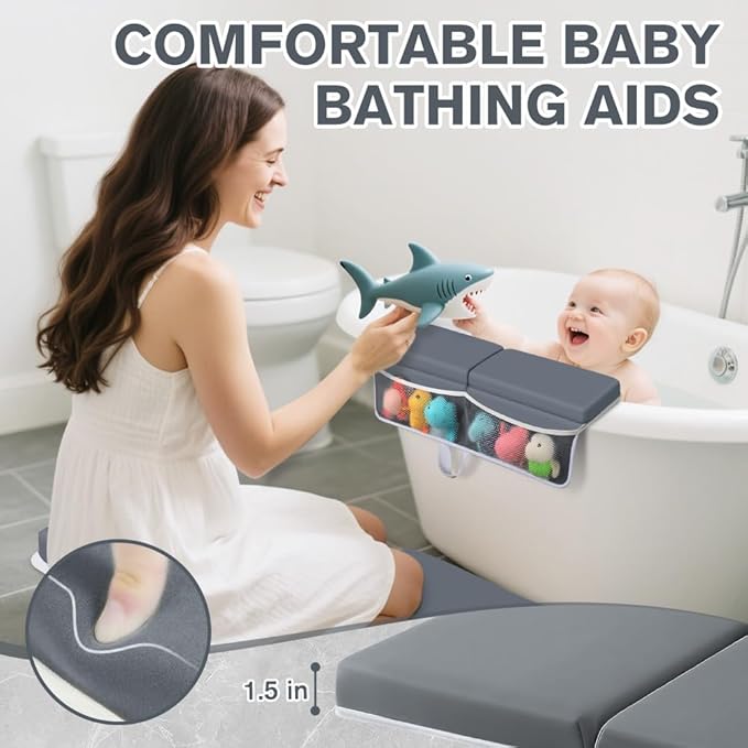 SKEFOLI Baby Bath Kneeler and Elbow Rest pad Set,1.5" Thick Baby Bath Kneeler Pads with Toys Organizer, Elbow Pads to Support The arm, Baby Bath Essentials, Ideal Bath Kneeling Pad for Bathing Baby