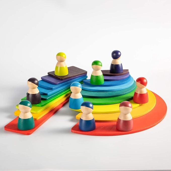 Wooden Rainbow Semicircle Stacker Toys, 11Pcs Semicircle Rainbow Stacking Puzzle, Building Blocks Board Set for Kids, Learning Creative Thinking Toys