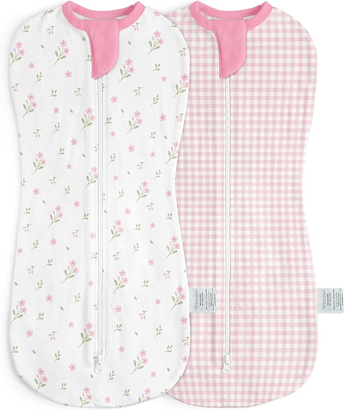 Baby Swaddle 0-2 Months, Cotton Arm-In Zipper Sleep Sack, Wearable Blankets Wrap for Newborn Infant Girls (Floral, Checkered, Pack of 2)