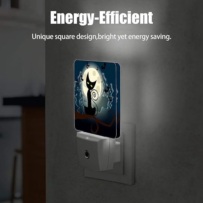 Black Cat Fantasy Halloween Night Light, Full Moon Bats Night Lights Plug into Wall Decorations for Bedroom, Bathroom, Kitchen, Dusk to Dawn Sensor Nightlights for Boys Girls Women Men Room Gifts
