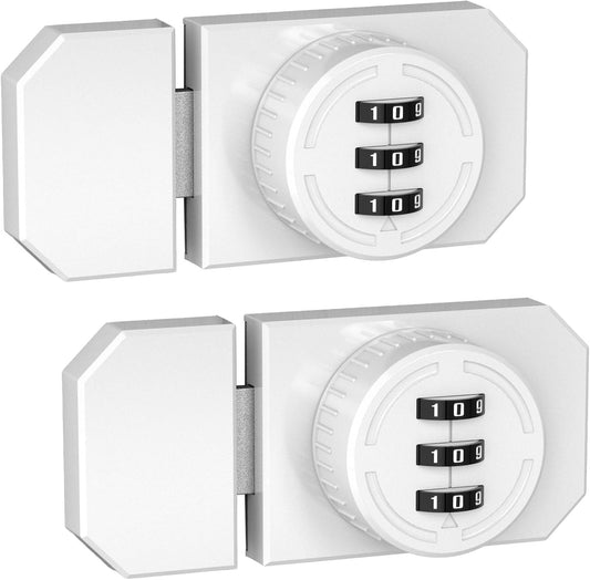 Keyless 3-Digit Combination Lock, Mechanical Stick-on Drawer Latch, Security Adhesive Cabinet Lock for Closet & Barn One-Way Doors (2, White)