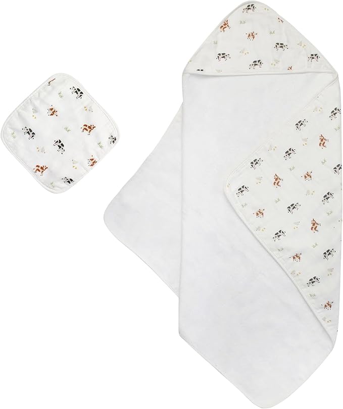 Bamboo Viscose Baby Hooded Towel & Washcloth Set for Babies and Toddlers, Soft & Absorbent, 70% Viscose from Bamboo, 30% Cotton Muslin - Imported (Cow)