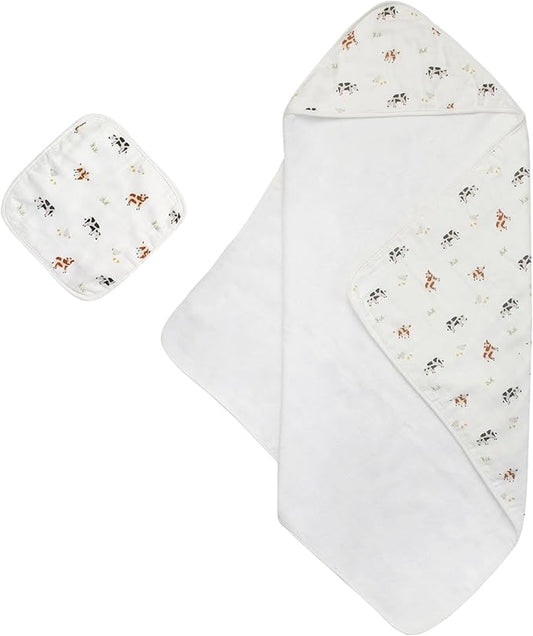 Bamboo Viscose Baby Hooded Towel & Washcloth Set for Babies and Toddlers, Soft & Absorbent, 70% Viscose from Bamboo, 30% Cotton Muslin - Imported (Cow)