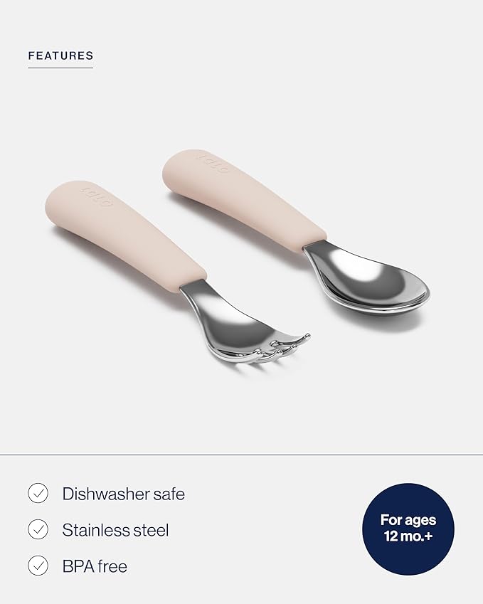Lalo Utensils - Toddler Fork and Spoon Set - Stainless Steel and Silicone Ergonomic Toddler Utensils - Children Safe Flatware Set - 2 Pieces - Grapefruit