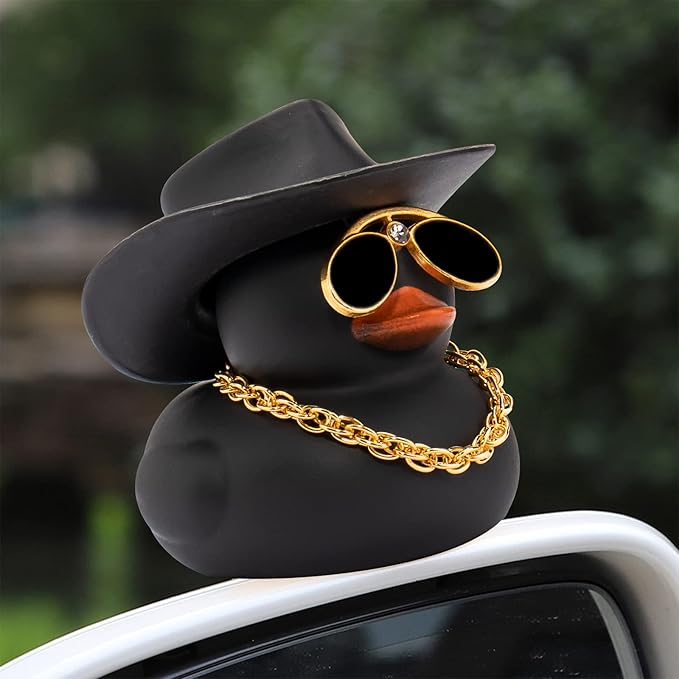 wonuu 2Pcs Car Dashboard Decorations Color Ducks, Rubber Duck for Car Ornament Accessories with Mini Hat Sunglasses Necklace and Swim Ring, A_Black&Brown Duck+Black Cowboy&Brown Cowboy