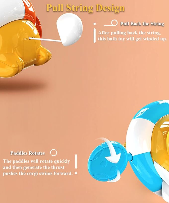 Bath Toy Pull String Corgi Bathtub Toy Windup Swimming Corgi Rowing Puppy Floating Water Toy for Boys and Girls (Orange)
