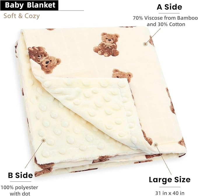 LifeTree Baby Girl & Boy Blankets, Soft Double Layer Swaddle Blankets, Muslin Front and Dotted Fleece Backing Receiving Bed Throw Blanket for Newborn Unisex, 31X40 Inches, Bear Pattern