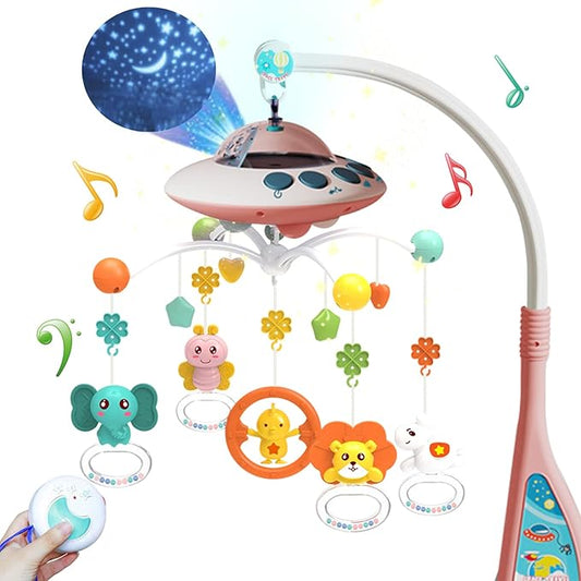 Eners Baby Crib Mobile with Music and Lights, Mobile for Crib with Remote Control, Rotation, Moon and Star Projection, Baby Crib Toys for Boys Girls (Pink)
