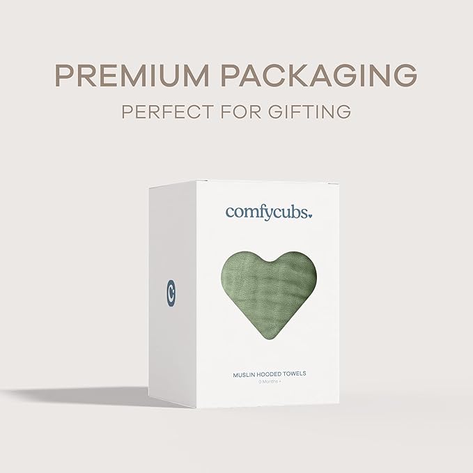 Comfy Cubs Hooded Baby Towel 1-Pack, Large 32 x 32 Inch - 6 Layer 100% Muslin Cotton for Babies, Toddlers and Kids - Soft & Absorbent Baby Bath Towels - Unisex Design for Bath Time - Sage