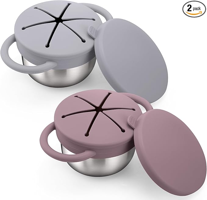 BUSOHA 2 Pack Stainless Steel Toddler Snack Cups - 9 OZ Snack Cups for Toddlers Spill Proof with Catcher and Lid Travel Snack Containers for Kids Food Grade Silicone Dishwasher Safe