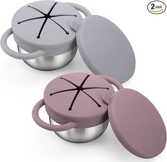BUSOHA 2 Pack Stainless Steel Toddler Snack Cups - 9 OZ Snack Cups for Toddlers Spill Proof with Catcher and Lid Travel Snack Containers for Kids Food Grade Silicone Dishwasher Safe