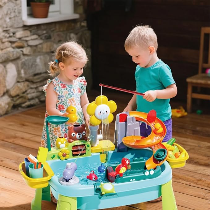 Sensory Water Table for Toddlers 1-3, Play Sink with Running Water Toys for Kids Ages 4-8, Kitchen Sink with Play Food Vegetables, Dishes, Fishing Game, Outdoor Sand Summer Toys for Boys Girls