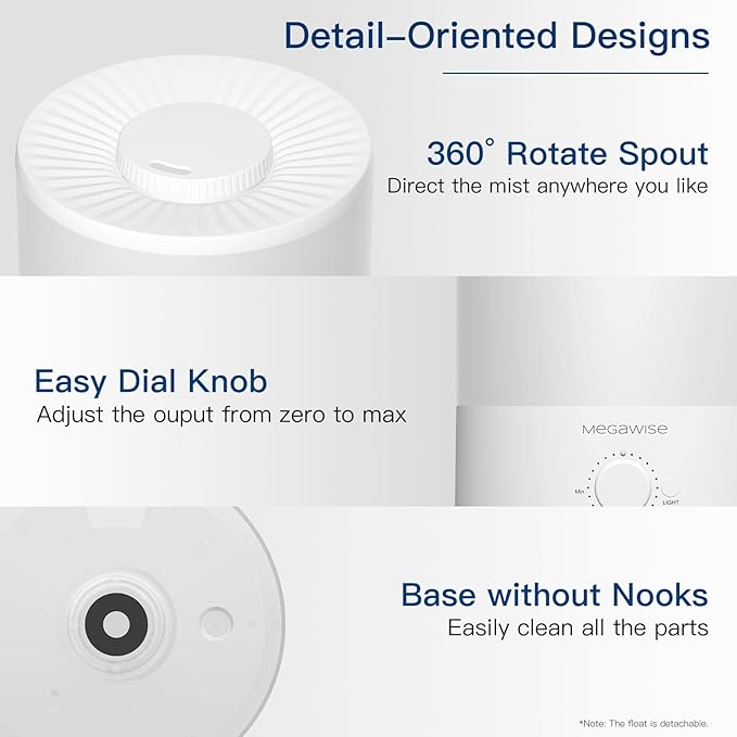 MEGAWISE 1.5L Cool Mist Humidifier for Bedroom, Home, Office, and Plants, Essential Oil Diffuser with Adjustable Mist Output, 25dB Quiet Ultrasonic, Up to 10 Hours, Easy to Clean