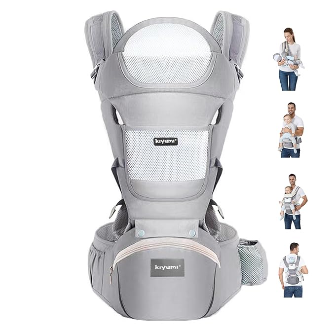 KIYUMI Baby Carrier with Hip Seat, 6- in-1 Baby Carrier Newborn to Toddler, Ergonomic M Position, Head Support and Breathable Mesh,Adjustable Removable Baby Sling Carrier (7-45 lbs), Grey
