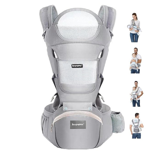 KIYUMI Baby Carrier with Hip Seat, 6- in-1 Baby Carrier Newborn to Toddler, Ergonomic M Position, Head Support and Breathable Mesh,Adjustable Removable Baby Sling Carrier (7-45 lbs), Grey