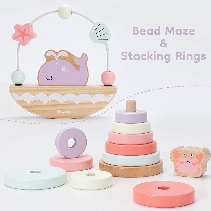Sensory & Educational Wooden Toy Set for Toddlers 1-3 Years Old - Stacking Rings, Shape Sorter, Push Car, Bead Maze, Montessori Toys for Boys & Girl