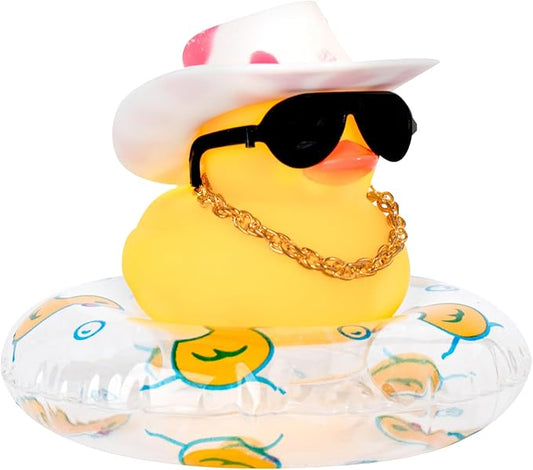 wonuu Car Rubber Duck, Yellow Duck Decoration Dashboard with Sun Hat Swim Ring Necklace Sunglasses for Car Dashboard Decorations, Pink White Cowboy Hat-Transparent