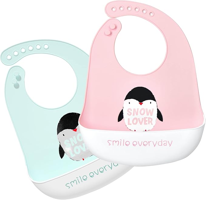 Silicone Bibs for Babies and Toddlers 2 Sets Feeding Bibs for Boy and Girl, Adjustable Soft Waterproof Bibs