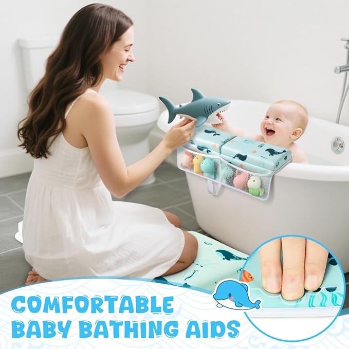 SKEFOLI Baby Bath Kneeler and Elbow Rest Pad Set,1.5" Thick Baby Bath Kneeler Pads with Toys Organizer, Pads to Support The Arm, Essentials, Ideal Kneeling Pad for Bathing