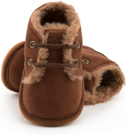 Baby Unisex Warm Snow Boots Newborn Leather Fur Lace Up Ankle Anti-Slip Rubber Texture Sole Toddler Prewalker Winter Crib Shoes